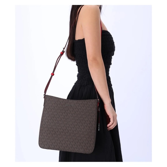 Michael Kors Jet Set Travel Large Messenger Bag Crossbody Brown MK Bright Red - Picture 5 of 11